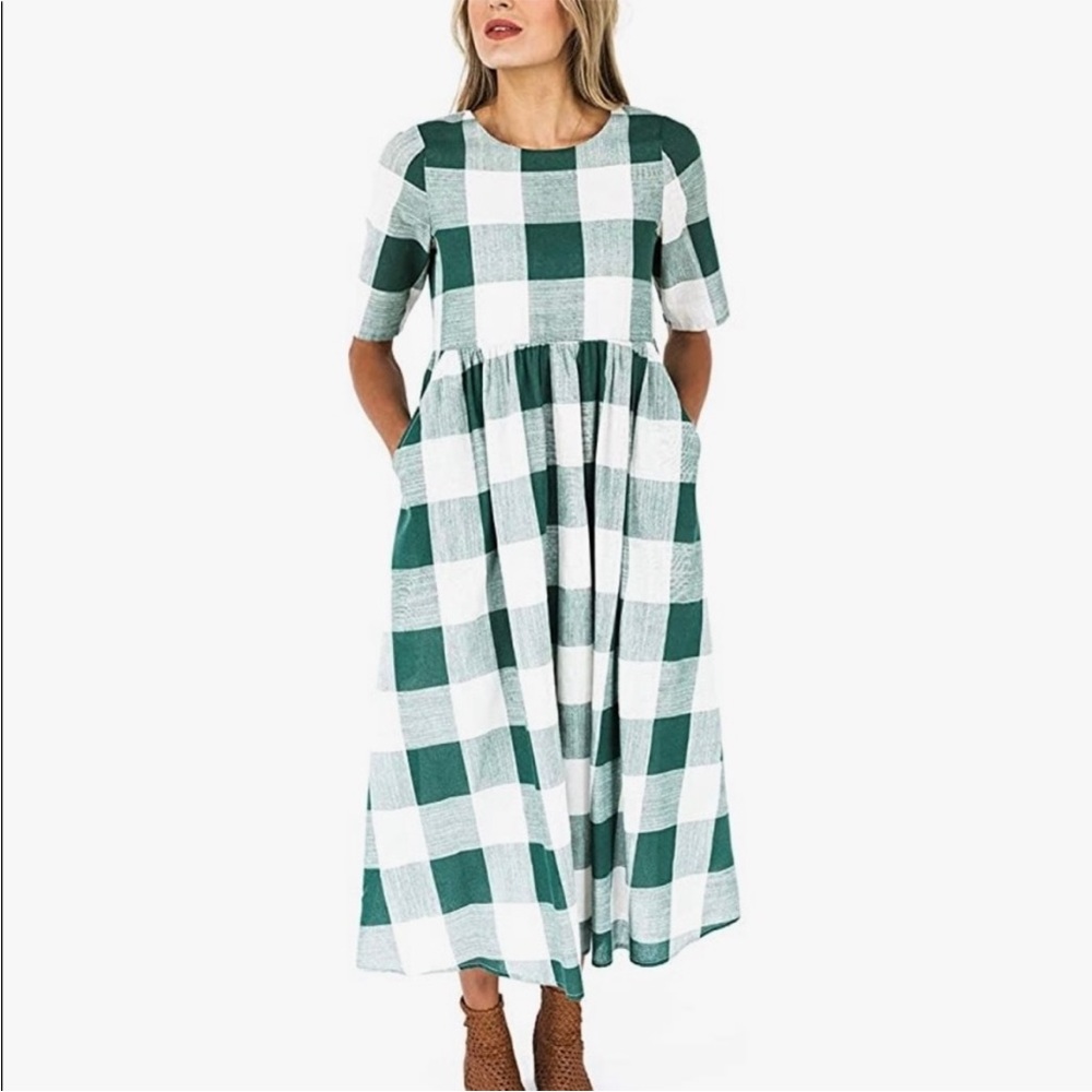 Roolee Buffalo Plaid Green Midi Dress